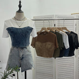 2025 Summer Denim Splicing Mesh Yarn Short-Sleeved T-Shirt Design Fake Two Hot Girl Short Top 26231 HZ1208