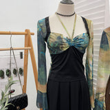 2025 Spring Dress French Court Style Lace Lace Spliced Printed Horn Long-Sleeved T-Shirt 82236 HZ1208