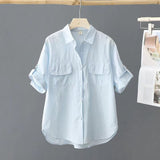 Cotton Short-Sleeved Solid-Colored Shirt Women 2025 Summer New Outer Shirt Design Sense Double Pocket Loose Thin Top Woman HZ1208