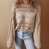 Women's 2025 Crochet Burqa Hollow Women's Long-Sleeved Round-Neck Short Top Beach Sweater HZ1208