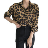 Korean Chic Autumn Vintage Leopard Print Collar Single Buckle Loose Leisure Long-Sleeved Shirt Topess HZ1208