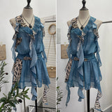 Hanging Neck Lotus Leaf Side Ribbon Print Between The Draw Folded Lace With Bareback Bow Dress 22070 HZ1208