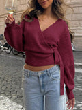 Cross-Cross V-Neck Knitted Shirt Autumn And Winter Irregular Strap Elegant Short Top Lady HZ1208