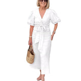 Women's Clothing 2025 Spring And Summer 2025 New V Tie With Foam Sleeve Cotton Dress HZ1208