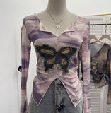 Real Shooting Amount Of Bumpy Tulle Spliced Denim Butterfly Design Sunscreen Coat V Collar Short T-Shirt 1965 HZ1208