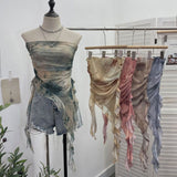 2025 New Summer Tie-Dye Lotus Side Mesh Yarn Irregular Fluttering Thai Mesh Wrap Tector Blouse HZ1208