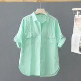 Cotton Short-Sleeved Solid-Colored Shirt Women 2025 Summer New Outer Shirt Design Sense Double Pocket Loose Thin Top Woman HZ1208