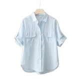 Cotton Short-Sleeved Solid-Colored Shirt Women 2025 Summer New Outer Shirt Design Sense Double Pocket Loose Thin Top Woman HZ1208