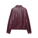 Z2025 New Vintage Simple Collar Zipper Wine Red Leather Coat Woman HZ1208