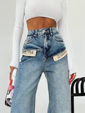 2025 New Cool Trend Splicing Jeans Women High Waist Thin Classic Design Straight Broad Legs HZ1208