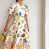 Women's 2025 Ama's New Elegant Fruit Prints Waist-Round Collar Dress Dress Women HZ1208