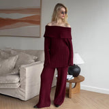Hot Selling A Word Shoulder Knitted Commuting Set Loose Top Broad Leg Trousers Simple High-Grade Gray Workplace Fashion HZ1208