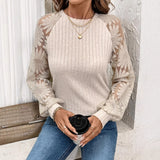 Round-Neck Hollow T-Shirt Lace Splicing Long Sleeve Top HZ1208