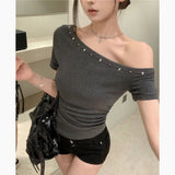 2025 New Black Korean Version Of Irregular Slanted Shoulder Short-Sleeved T-Shirt Girls Summer Design Feel Hottie Repair Body HZ1208