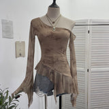 Personality Tie-Dye-Print Oblique Shoulder Dress Repair Irregular Lotus Horn Long-Sleeved Mesh T-Shirt 9955 HZ1208