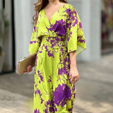 2025 New Women's Wear In Fashion Elegant Print Bat Sleeves V-Neck Women's Jumpsuit Women 661 HZ1208