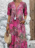 2025 Fashion New Printed Lace V-Neck Short-Sleeved Dress HZ1208