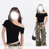 2025 New Black Korean Version Of Irregular Slanted Shoulder Short-Sleeved T-Shirt Girls Summer Design Feel Hottie Repair Body HZ1208