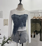 Design Feel Niche Cowboy Splicing Long-Sleeved Mesh T-Shirt Girl Summer Round Collar Dress Short Top 2617 HZ1208