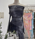 Sweet And Spicy Shoulder Dyed Printing Mesh Long-Sleeved Coat Folds Irregular Ribbon T-Shirt 9997 HZ1208