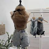 Real-Shot Bow Decorative Hair Splicing Elastic Hanging Neck Vest Outside Wearing Hairy Short Grinding Coat 2791 HZ1208