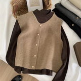 Gentle Line Single Row Small Gold Button Round Collar Knitted Vest Cardigan Woman Sleeveless Shoulder Vest Top HZ1208