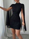 Women's Round-Neck Pitted Pearl Chiffon Cape-Topped Dress Woman HZ1208