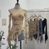 Personality Tie-Dye-Print Oblique Shoulder Dress Repair Irregular Lotus Horn Long-Sleeved Mesh T-Shirt 9955 HZ1208