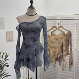 Personality Tie-Dye-Print Oblique Shoulder Dress Repair Irregular Lotus Horn Long-Sleeved Mesh T-Shirt 9955 HZ1208