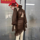 Simple And Generous Dress Women's Summer 2025 New V Tie With Long Sleeves To Close The Waist Shirt Skirt Chiffon Short Skirt HZ1208