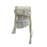 The Ballet Style Shoulder Fold Texture Texture Coat Irregularly Ribbon Horn Sleeve Short Shirt 1158 HZ1208