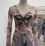 Real Shooting Amount Of Bumpy Tulle Spliced Denim Butterfly Design Sunscreen Coat V Collar Short T-Shirt 1965 HZ1208