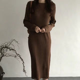 Autumn And Winter 2025 Long-Sleeved Collar Knitted Dress New Medium And Long Solid Color Bottom Straight Over Knee Dress HZ1208