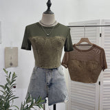 2025 Summer Denim Splicing Mesh Yarn Short-Sleeved T-Shirt Design Fake Two Hot Girl Short Top 26231 HZ1208