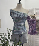 Net Yarn Printed Slanted Shoulder Sling Vest Retro Design Folding Temperament Short Blouse 8009 HZ1208