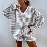 Autumn And Winter New Ladies Casual Striped Suit Long-Sleeved V-Neck Loose Top Sports Shorts Two-Set Women HZ1208