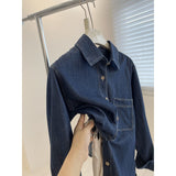 Deep-Colored Two-Color Cowboy Shirt Women Spring And Autumn New Retro Spousal Folding Wearing Long-Sleeved Shirt Casual Coat Tide HZ1208