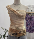 Net Yarn Printed Slanted Shoulder Sling Vest Retro Design Folding Temperament Short Blouse 8009 HZ1208