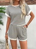 Women's 2025 Summer New Fashion Striped Short Sleeves Suit Sports Shorts Set HZ1208