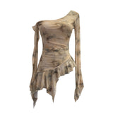 Personality Tie-Dye-Print Oblique Shoulder Dress Repair Irregular Lotus Horn Long-Sleeved Mesh T-Shirt 9955 HZ1208