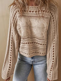 Women's 2025 Crochet Burqa Hollow Women's Long-Sleeved Round-Neck Short Top Beach Sweater HZ1208