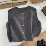 Gentle Line Single Row Small Gold Button Round Collar Knitted Vest Cardigan Woman Sleeveless Shoulder Vest Top HZ1208