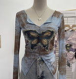 Real Shooting Amount Of Bumpy Tulle Spliced Denim Butterfly Design Sunscreen Coat V Collar Short T-Shirt 1965 HZ1208