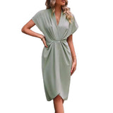 Dress V-Neck Temperament Elegant Irregular Sleeves Of Pure Color Bag Dress HZ1208