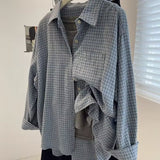 Korean Version Of The Retro Grinding Blue Plaid Long-Sleeved Shirt Women 2025 Spring And Autumn New Loose Lazy Wind Outside The Top HZ1208