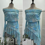 Sweet And Spicy Shoulder Dyed Printing Mesh Long-Sleeved Coat Folds Irregular Ribbon T-Shirt 9997 HZ1208