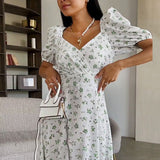 2025 Summer Women's Fresh Sweet Temperament V-Neck Long Floral French Dress Women 661 HZ1208