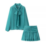 Fashion Women's Two-Piece Summer Thin Bow Tie With Long-Sleeved Cover Loose Shirt Folded Mini Dress HZ1208