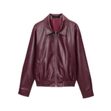 Z2025 New Vintage Simple Collar Zipper Wine Red Leather Coat Woman HZ1208