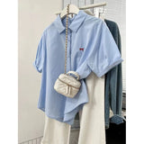 Butterfly Embroidered Blue Short Sleeve Shirt Women's Easier Summer 2025 New Design Sense Small Shirt Casual Shirt HZ1208